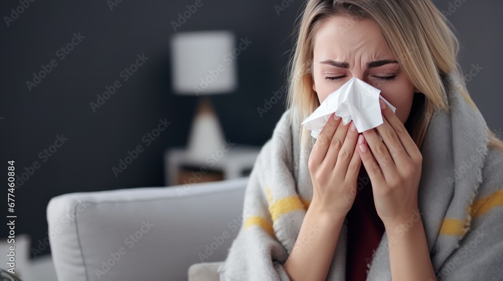 Young Caucasian woman wrapped in warm clothes due to chills has flu sneezing in napkin in modern cozy apartment. Caucasian woman caught cold and now suffers from flu with runny nose