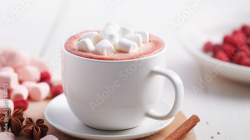 Mug full of hot chocolate cocoa with marshmallows on Christmas