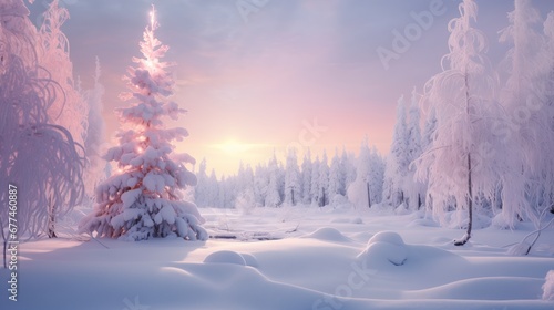 Winter snowy forest and a Christmas tree shining in the rays of dawn © Olmyntay