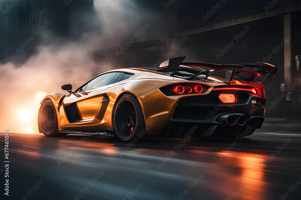 A sports car is shown from behind, driving on a road with its tires smoking. A sports car is shown from behind, driving on a road with its tires smoking.