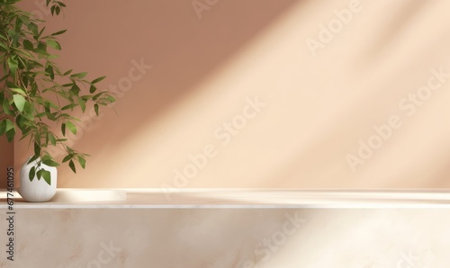 Modern minimal empty white marble stone counter table, green tree in sunlight, leaf shadow on beige brown wall background for luxury organic cosmetic, Generative AI