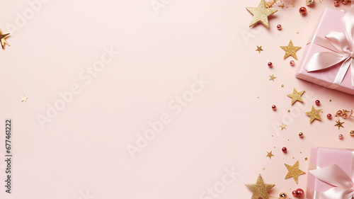 Christmas present gift boxes on a pastel pink background