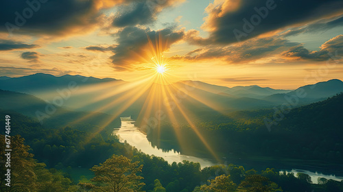 sunset over the mountains, Tropical landscape panorama with sunset or sunrise dramatic sky. #677461449