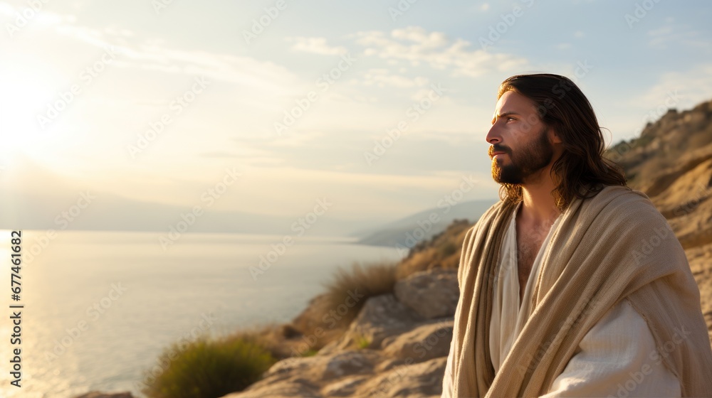 Jesus in robe standing on stone shore strewn with bushes by sea looking at landscape. Jesus Christ walking near sea. Jesus Christ calmly walking near sea searching for asks for important questions Jesus in robe standing on stone shore strewn with bushes by sea looking at landscape. Jesus Christ walking near sea. Jesus Christ calmly walking near sea searching for asks for important questions