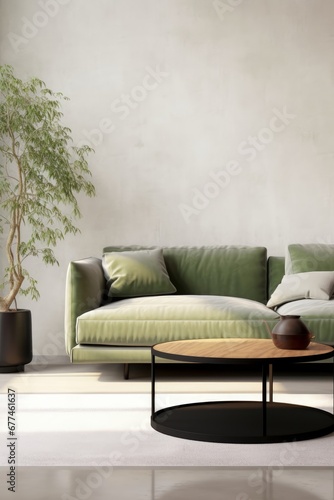 Round wooden coffee table podium, black steel leg, sage green suede leather sofa in sunlight on concrete wall, rug, parquet floor for luxury cosmetic, Generative AI