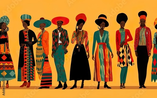Black History Month graphic poster. Flat pattern for tribal style clothes. African people in traditional costumes on yellow background. Bright warm colours, geometric composition. AI Generative photo