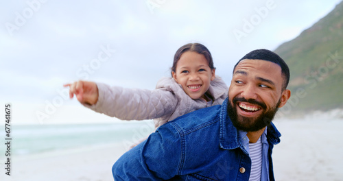 Beach, happiness and dad piggyback child, girl or daughter on travel holiday, vacation or outdoor wellness. Freedom, nature or happy family papa, kid and bonding for Fathers Day love, support or care