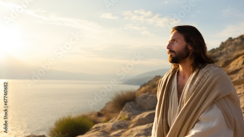 Jesus in robe standing on stone shore strewn with bushes by sea looking at landscape. Jesus Christ walking near sea. Jesus Christ calmly walking near sea searching for asks for important questions