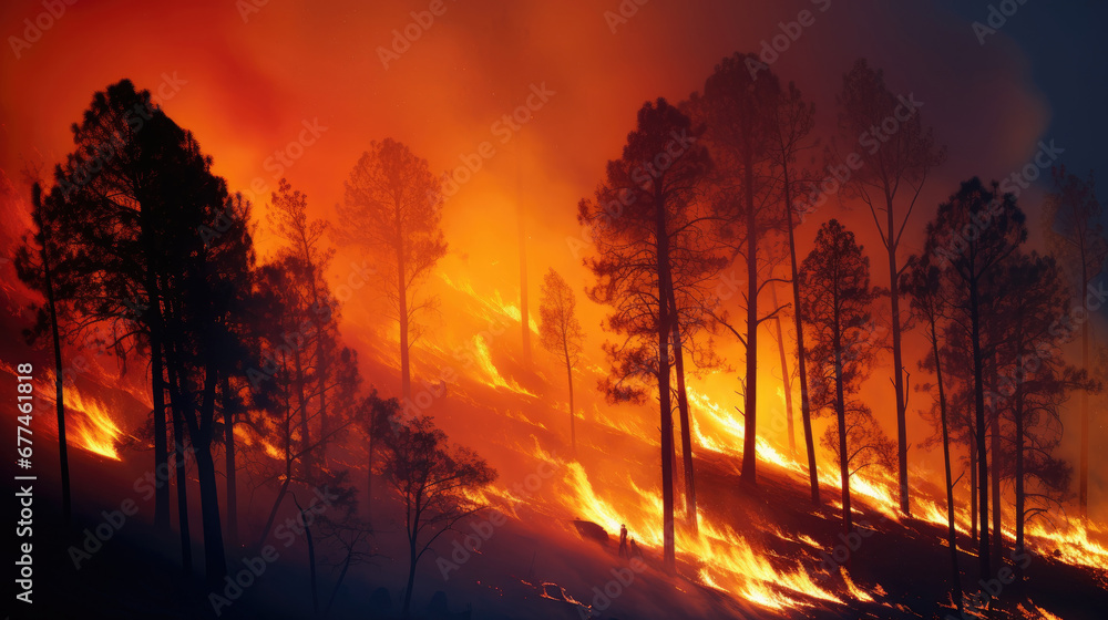 fire in the forest, Terrible forest fires, annual natural disasters. Forests are burning and all trees are on fire, trunks are charred, ground is scorched fire in the forest, Terrible forest fires, annual natural disasters. Forests are burning and all trees are on fire, trunks are charred, ground is scorched