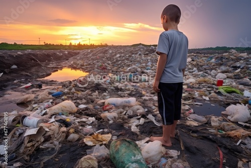 Kid standing near landfill next to mountain of plastic wastes thinking about pollution of planet. Child looks at dump of plastic bottles realising garbage decompose for hundreds of years