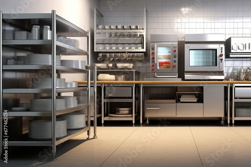 Commercial, professional bakery kitchen and stainless steel convection, deck oven, freezer, refrigerator, kneading machine, table, cabinet, bread, bun, Generative AI