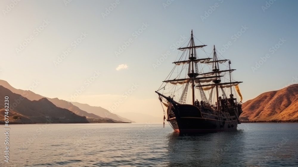 Pirate ship drifts on azure sea during calm arriving to coast. Pirate ship sails from desert island with bright trees in summer sunny weather with calm. Pirate ship with lowered sails on sea
