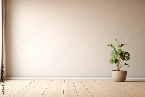 Empty room interior background  beige wall  pot with plant  wooden flooring 3d rendering  Generative AI
