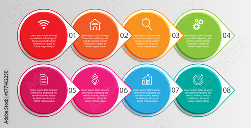 3d vector infographic 8 steps, simple design with various colors connected to each other, there are icons, text and symbols, good for your business presentation, concise and easy