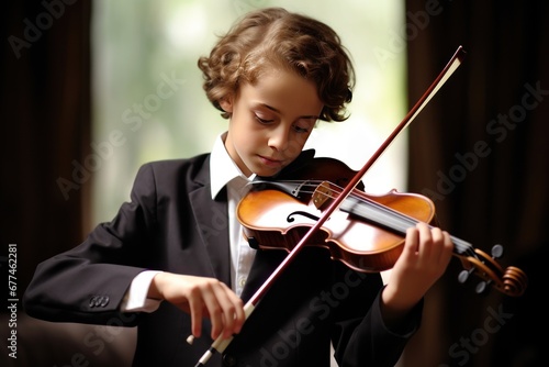 Caucasian boy in a classic suit diligently plays the violin. A Boy plays the violin, creating a pleasant melody against the backdrop of a dark theater stage.