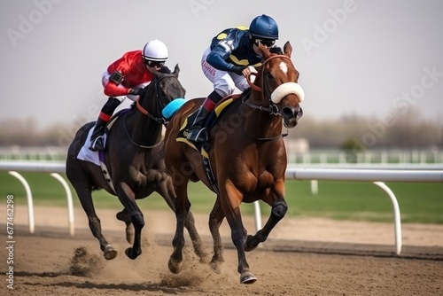 Horse riders compete on horse races for winner place of fastest rider at racetrack with spectators and fans betting. Equestrians pushing horses trying best to win race. Horse racing between opponents photo