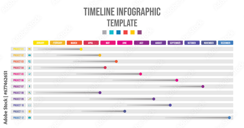 Infographic template for business. Monthly modern Timeline Gantt chart with table, presentation vector illustration