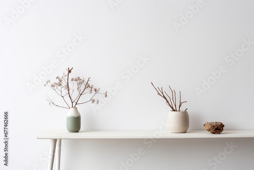 Empty desk, white table with minimal vase with a decorative dried branches against white wall, Generative AI