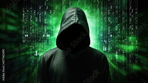 Computer hacker silhouette of hooded man with binary data and network security terms computer crime, data