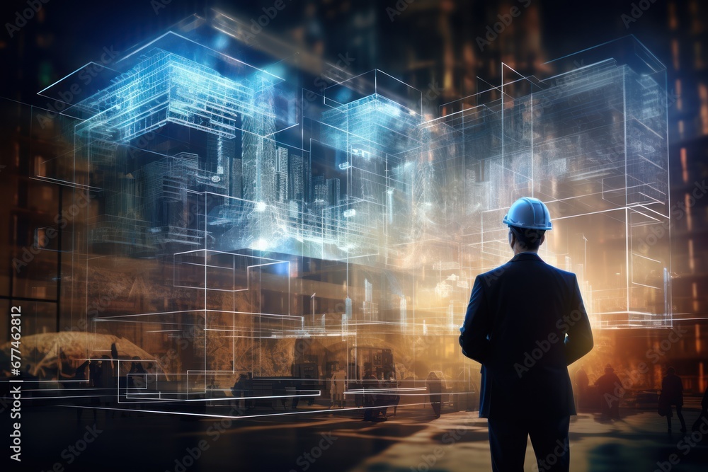 Future building construction and inventive engineering project concept with HUD hologram graphic design. Building engineer, Future building construction and inventive engineering project concept with HUD hologram graphic design. Building engineer,