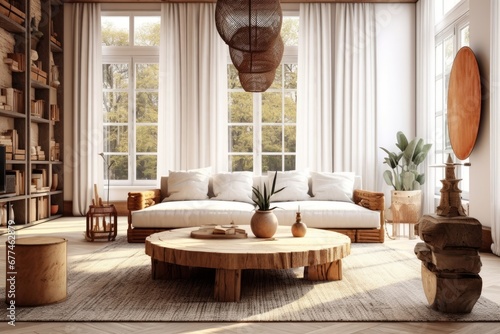 Boho interior design of modern living room with rustic furniture. Generative AI