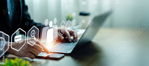 Fototapeta Naklejka Na Ścianę i Meble -  Customer Relationship Management, global structure network technology, data exchanges customer connection, Customer relationship management, Client service, digital marketing and social network.