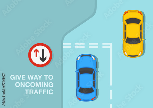 British traffic regulation rules. Give way to oncoming traffic sign rule. Top view. Flat vector illustration template.