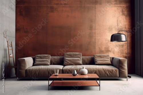 Concrete and with copper decorated wall and brown leather sofa. Interior design of modern living room. Generative AI