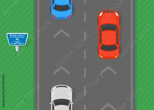 Safe driving tips and traffic regulation rules. Top view of a traffic flow on highway with chevron marking. Flat vector illustration template.