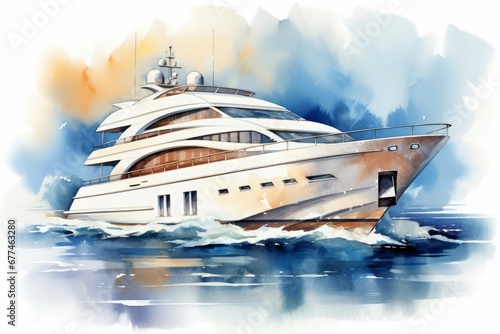 Beautiful watercolor luxury yacht over ocean water background, Generative AI © Crafters Art