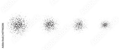 Stippled radial brush stroke set. Grain gradient collection. Grunge sprinkle spray texture. Dirty dust or sand noise round elements. Splattered dots overlay. Grungy splashed stains spots vector pack
