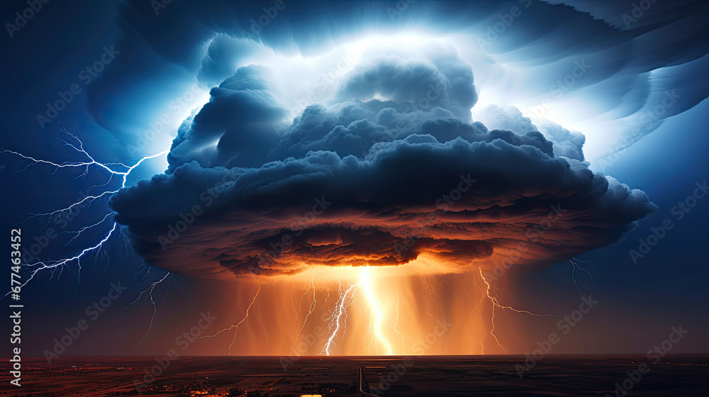 Tornado In Stormy Landscape - Climate Change , lightning in the sky,Concept on the theme of weather, natural disasters, storms, typhoons, tornadoes, thunderstorms, lightning, lightning.