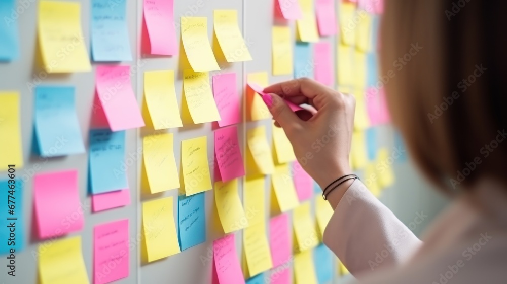 Woman organizer attaches colorful sticky notes to white board. Life hack for easy memorization and reminders of important things in visible place in office. Organization of space and clear schedule