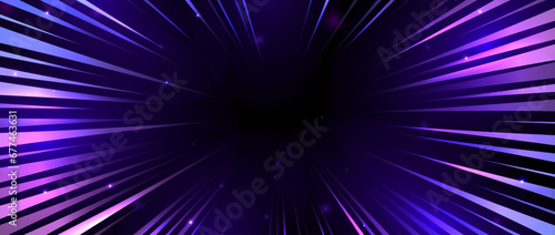 Radial neon light trails. Blue and purple glowing rays wallpaper. Manga anime speed effect background with sparks and sparkles. Explosion concept backdrop. Vector illustration