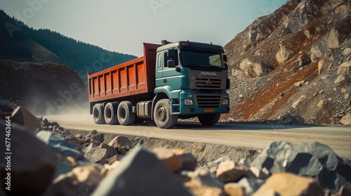 truck on the road, A truck with a body filled with rubble and stones