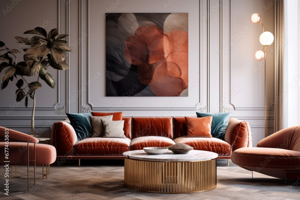 Interior design of modern living room with velvet terra cotta sofa. Created with generative AI, Generative AI - obrazy, fototapety, plakaty 