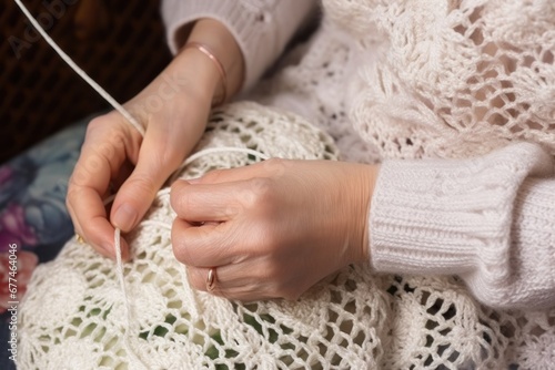 Hands of old woman in wrinkles with ring on finger crocheting ornament calming nerves and relieving stress with help of favorite hobby. Old woman peacefully spends time in retirement for crocheting