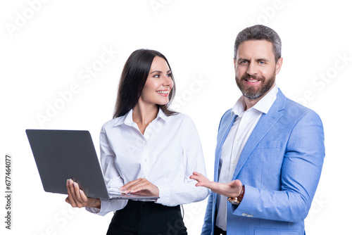 freelancer businesspeople man and woman using laptop for work online isolated on white