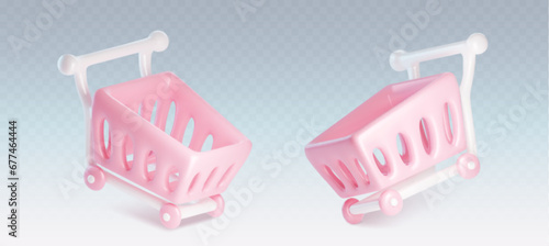3D shopping carts for supermarket purchases. Cartoon vector pastel pink basket with wheels for groceries. Floating empty market trolley for retail store or online market. Plastic box for products.