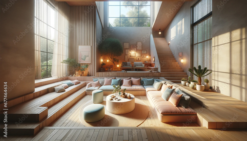 A dreamy sunken living room conversation pit, with wooden flooring, small windows overlooking the garde.
