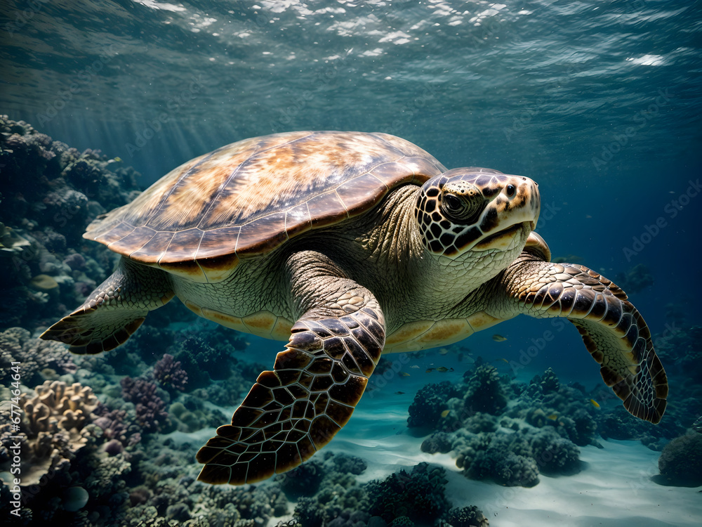 Fototapeta premium A sea turtle swimming under sea