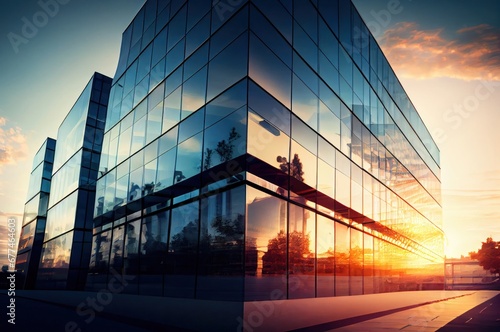 Sunset Reflections on a Modern Glass Skyscraper Generative AI