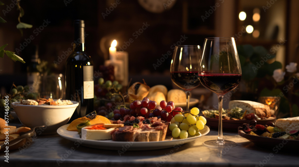 wine, cheese and food in a restaurant