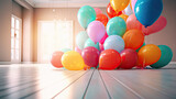 happy birthday party, Empty Room Interior with Group of Multicolored Balloons