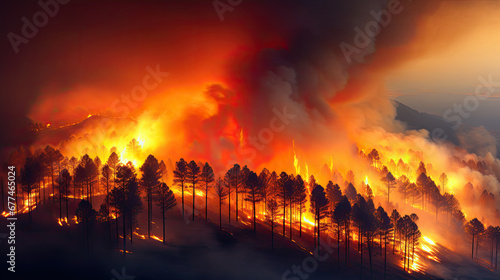 fire in the forest with huge smoke, Terrible forest fires, annual natural disasters. Forests are burning and all trees are on fire, trunks are charred, ground is scorched