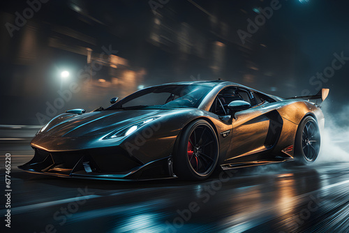 a black and gold sports car is driving down a wet road at night. the street lights are in the background.