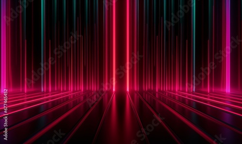  visually striking 3D rendering of an abstract neon-lit corridor. It features vertical beams of light that stretch from the floor to the ceiling, glowing in shades of pink and green against a dark bac