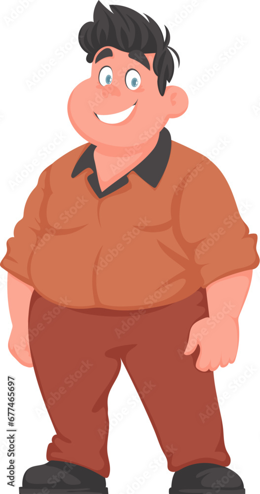 Fat man posing and smiling. Overweight guy is cute, body positivity theme. Cartoon style
