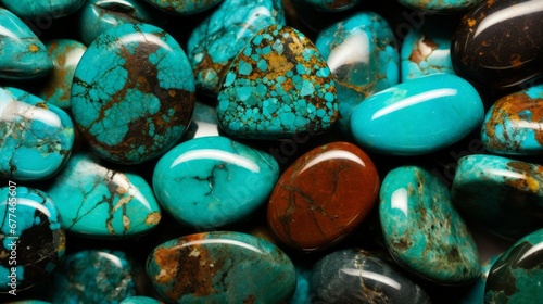  a collection of polished turquoise stones, showcasing a range of blue to green hues with intricate brown and gold veining