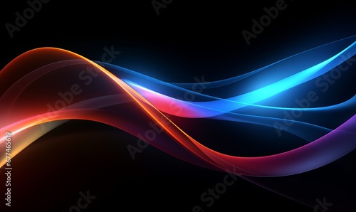 a smooth, flowing abstract design with neon light trails that curve elegantly across a black background. The trails are illuminated in warm and cool tones, with colors transitioning from red to blue t